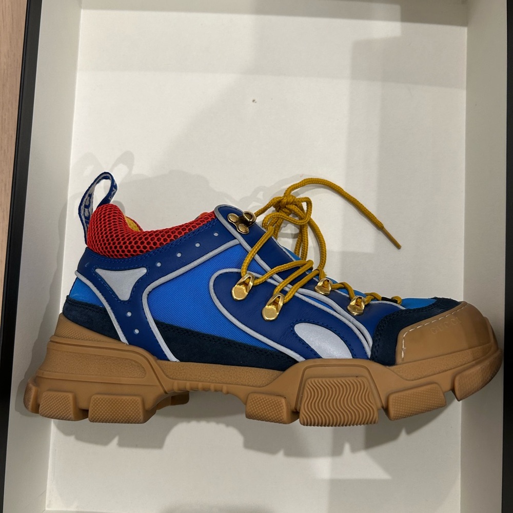 Stylish Blue and Tan Sneakers with Yellow Laces